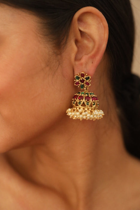 Antique ruby green stone jumka earrings 46667743