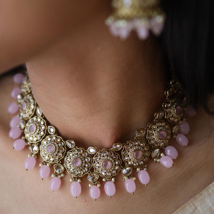 Trendy pink bead choker necklace with earrings and tikka 146444