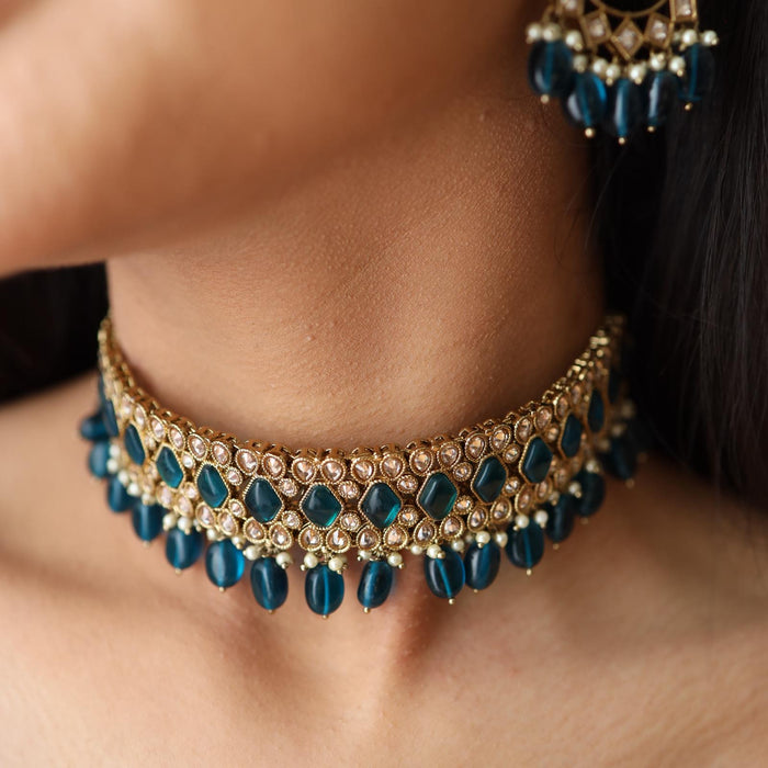 Trendy dark blue bead choker necklace with earrings and tikka 244444