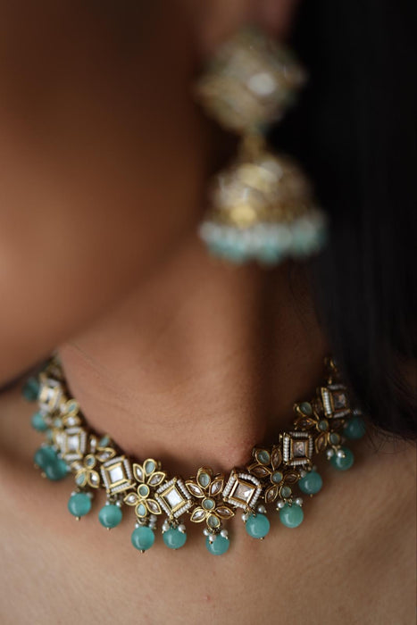 Trendy mint bead choker necklace with earrings and tikka 14877