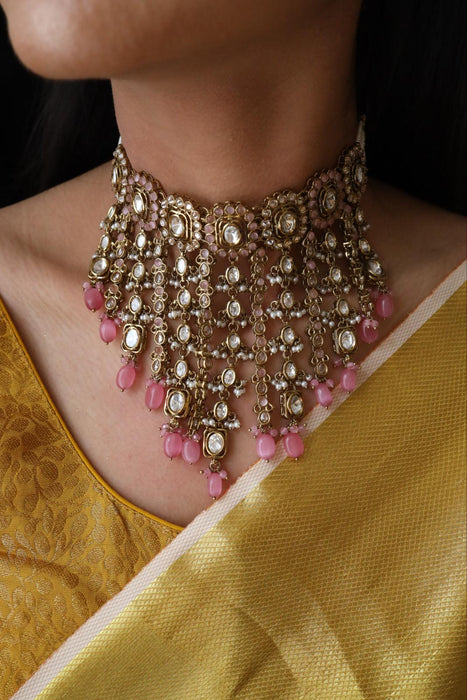 Trendy pink pearl bead choker necklace with earrings and tikka 1487633