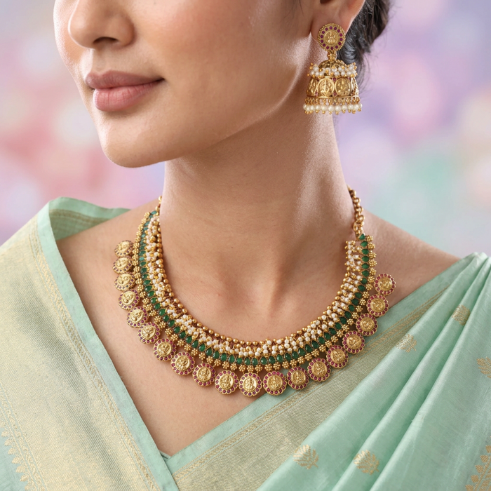 Antique green white pearl short necklace and earrings SS11044