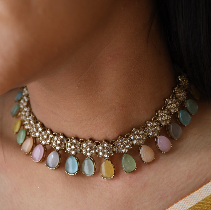 Trendy multi colour stone choker necklace with earrings and tikka 148865