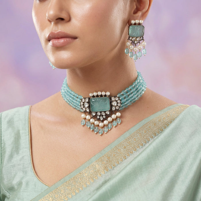 Trendy mint bead choker necklace and earrings BEAD006