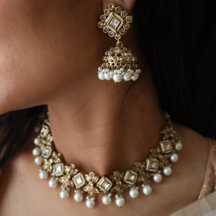 Trendy pearl bead choker necklace with earrings and tikka 1487633