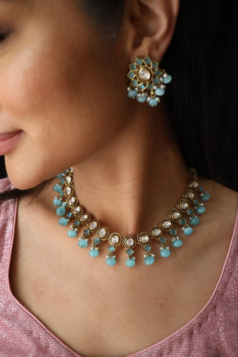 Trendy blue bead choker necklace with earrings and tikka 1488141