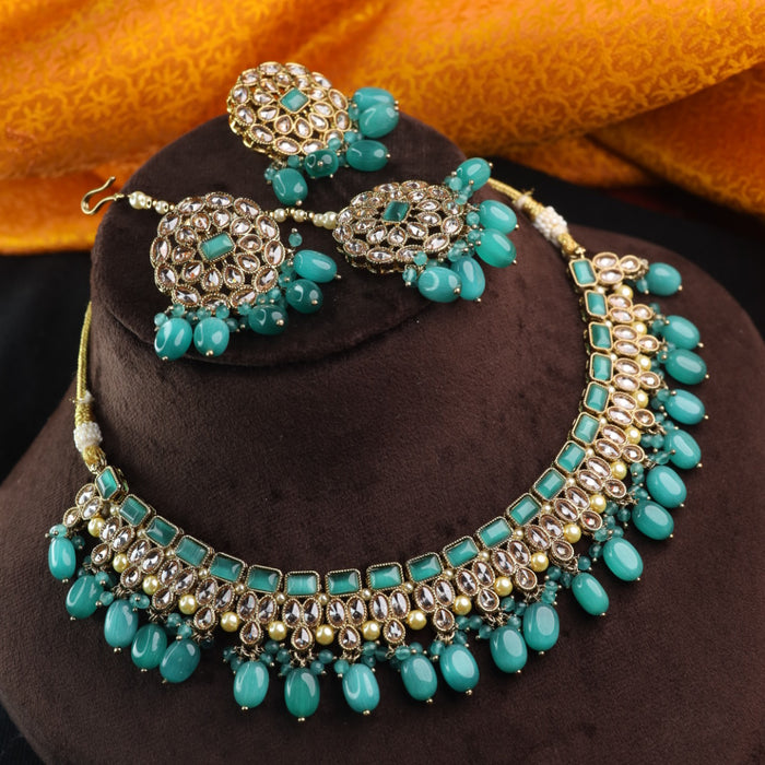 Trendy mint colour beads short necklace with earrings and tikka 23493