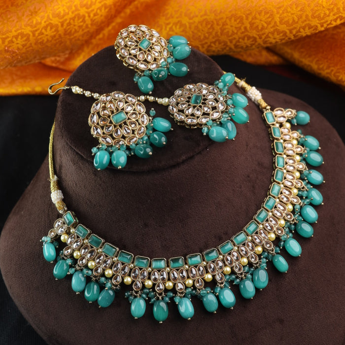 Trendy mint colour beads short necklace with earrings and tikka 23493