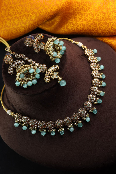 Trendy mint beads short necklace with earrings and tikka 23444