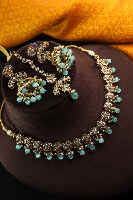 Trendy mint beads short necklace with earrings and tikka 23444