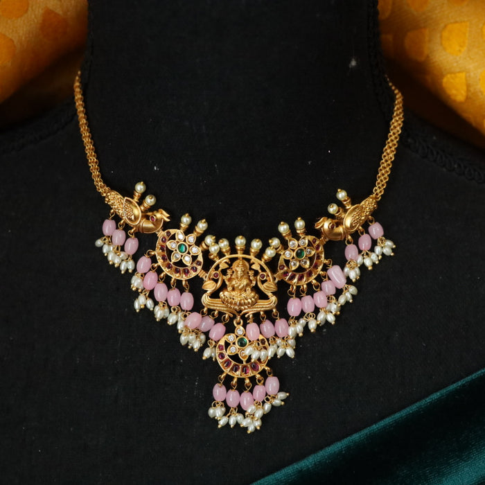 Antique pink bead choker necklace with earrings 17692