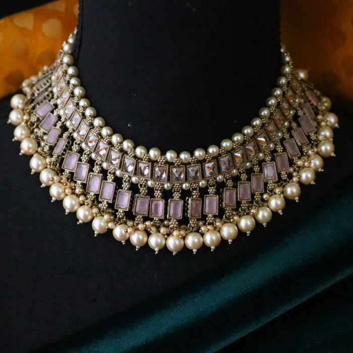 Trendy pink stone choker necklace and earrings 177010