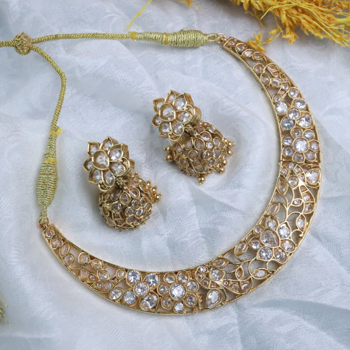Antique white stone short necklace and earrings 14555