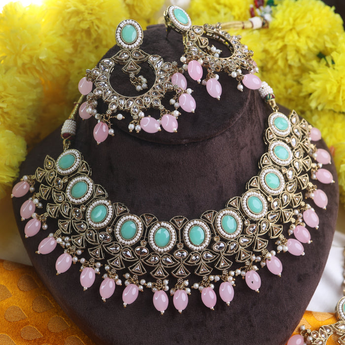 TRENDY PINK and MINT SHORT NECKLACE & EARRING 17897