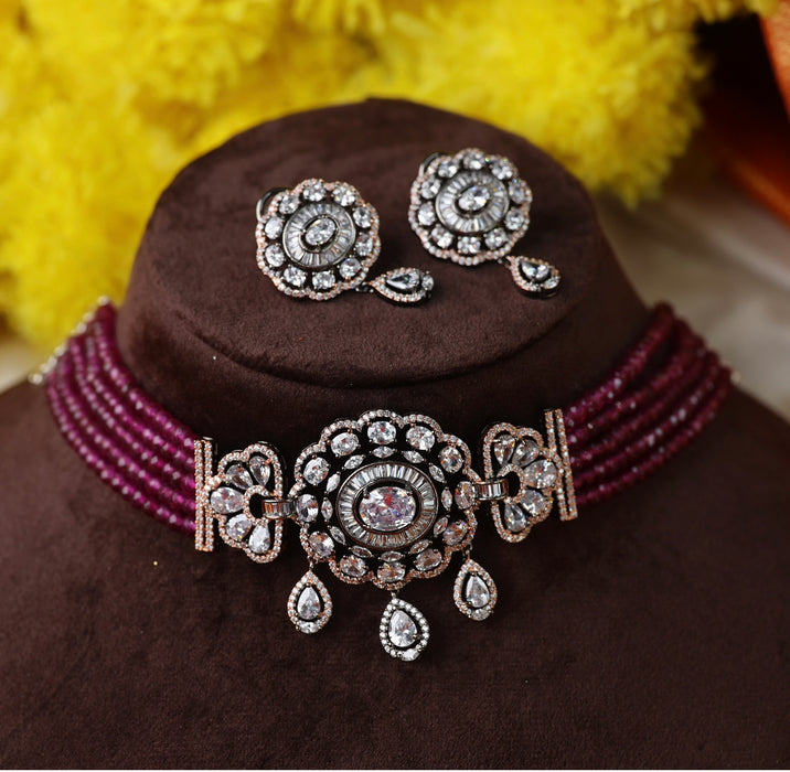 Trendy purple bead choker necklace and earrings  1789