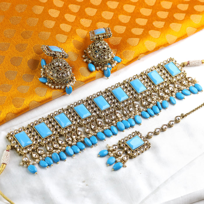 Antique blue bead choker necklace and earrings1693