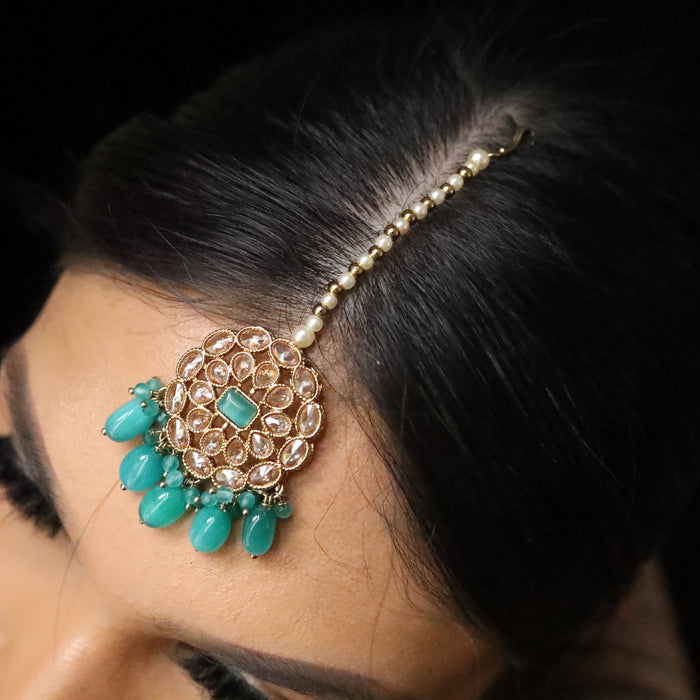 Trendy mint colour beads short necklace with earrings and tikka 23493