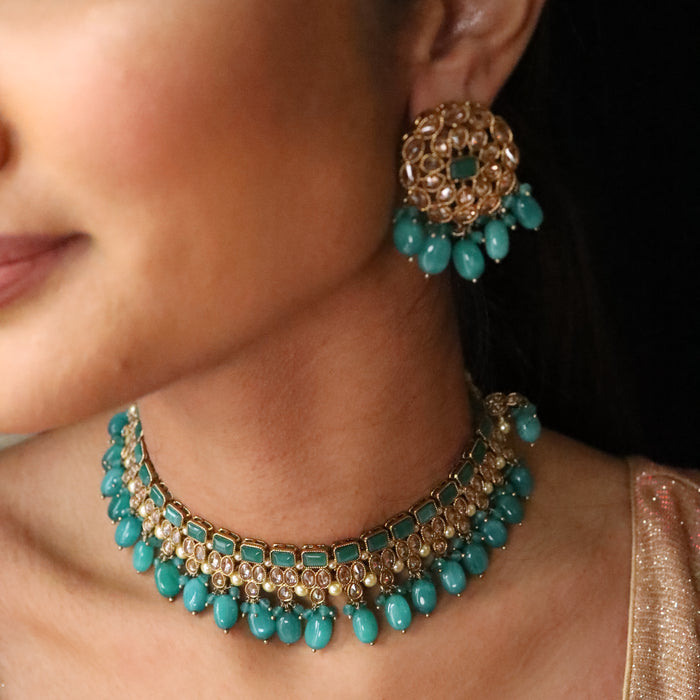 Trendy mint colour beads short necklace with earrings and tikka 23493