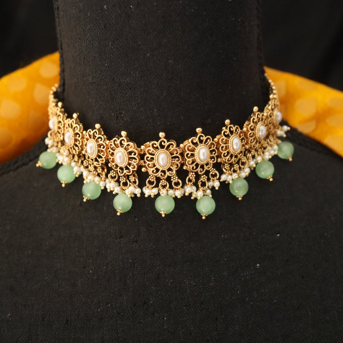 Antique mint bead choker necklace and earrings 14181