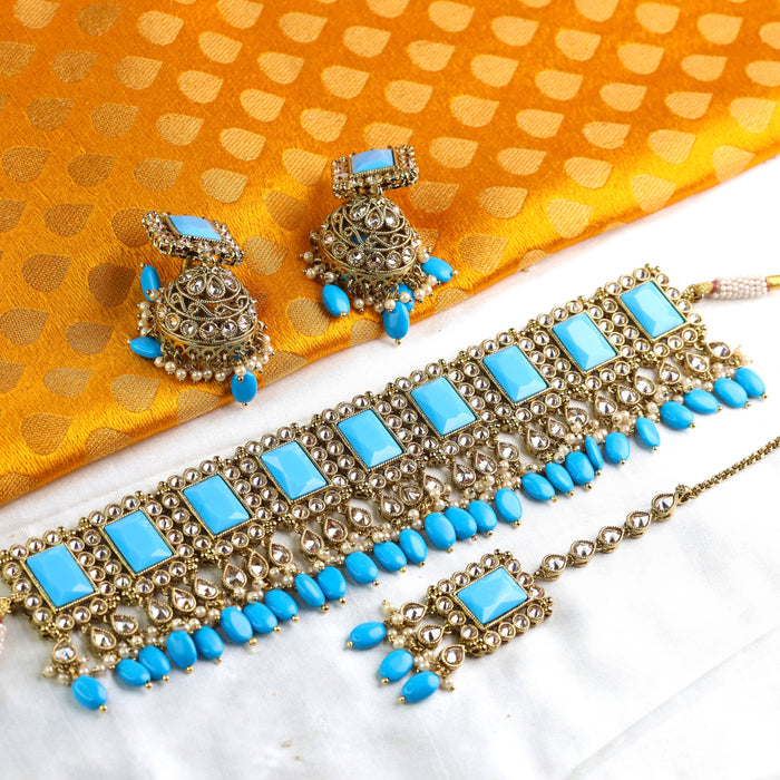 Antique blue bead choker necklace and earrings1693