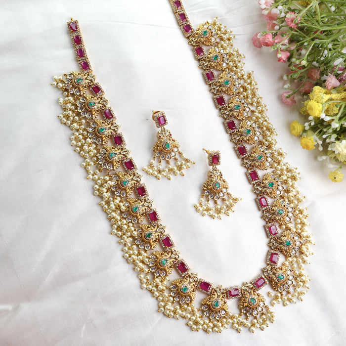 Antique ruby pearl long necklace and earrings 14467