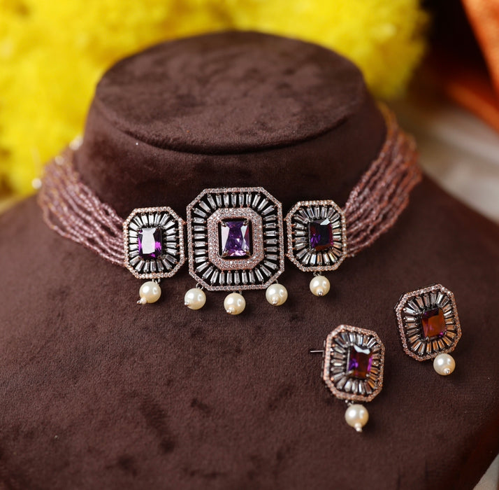 Trendy purple bead choker necklace and earrings  1789