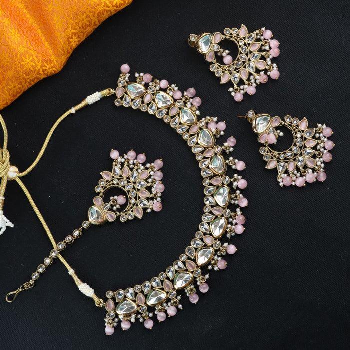 Trendy pink bead short necklace with earrings and tikka 2378