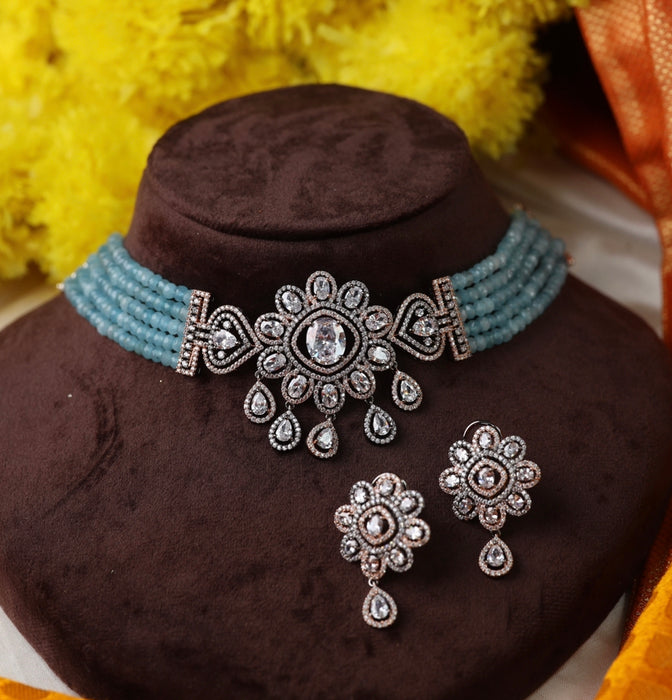 Trendy blue bead choker necklace and earrings  1789