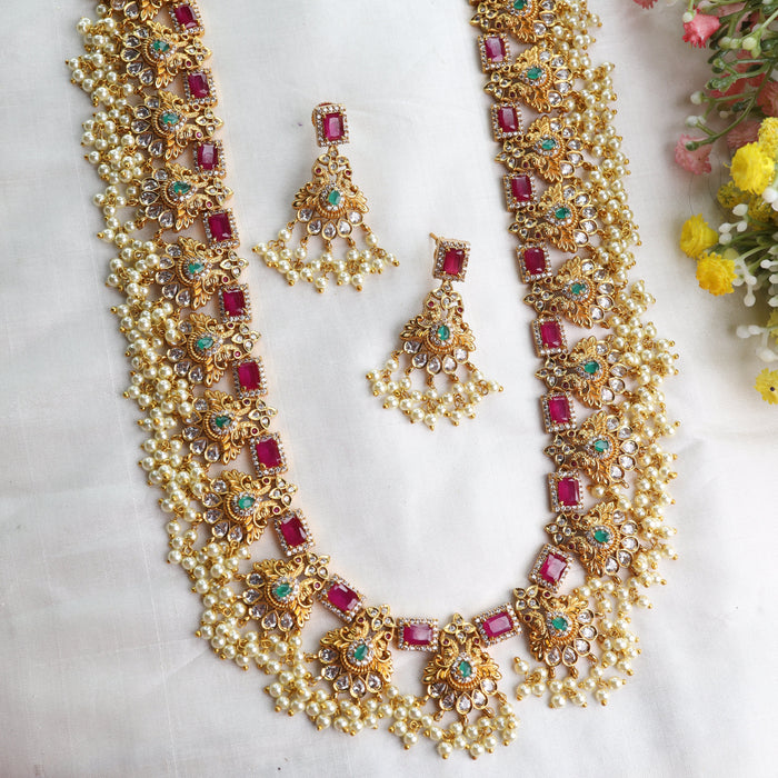 Antique ruby pearl long necklace and earrings 14467