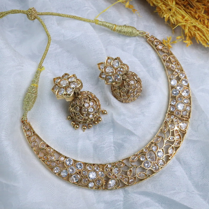 Antique white stone short necklace and earrings 14555
