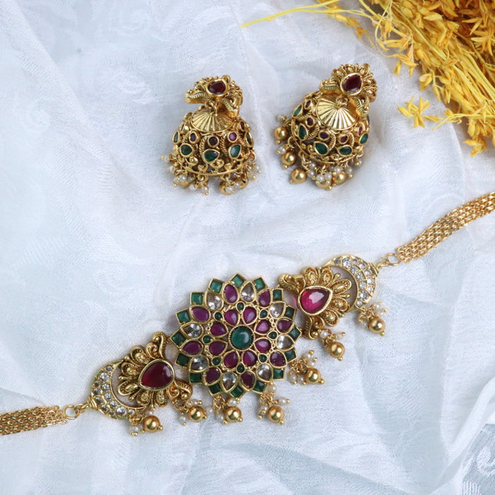 Antique short necklace and earrings 14556