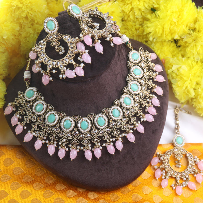 TRENDY PINK and MINT SHORT NECKLACE & EARRING 17897