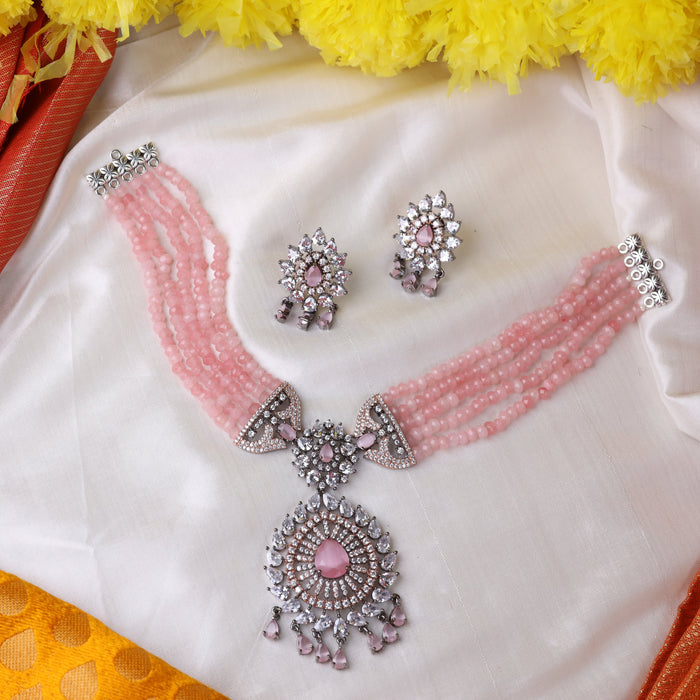 trendy pink bead choker necklace and earrings 1789